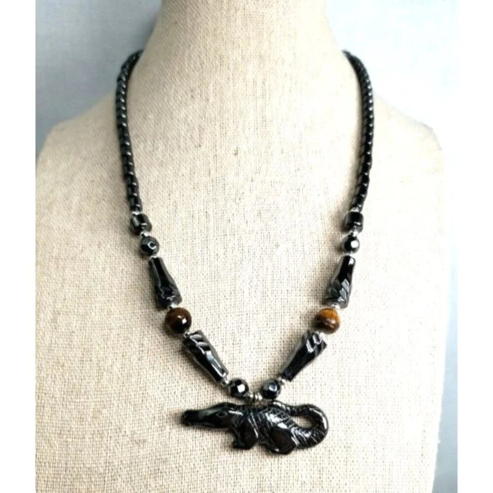 Carved Hematite & Tigers Eye Gator Pendant 17